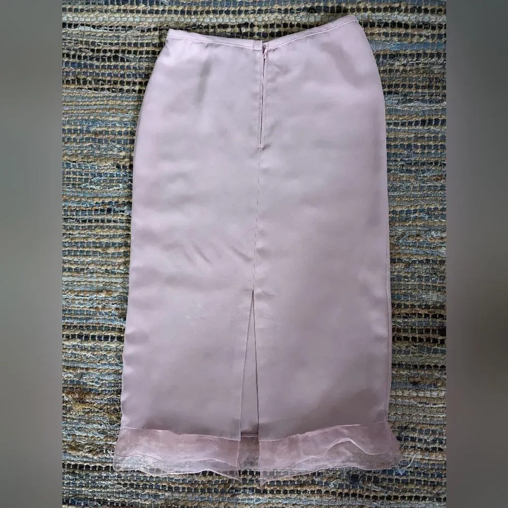 Vtg Dusty Pink Midi Skirt Organza Trim 8P Soft Girl Romantic Fairy Feminine